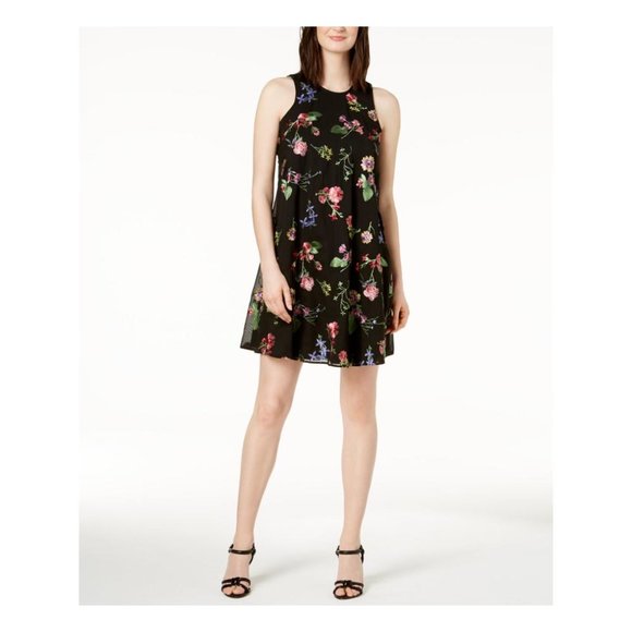 CALVIN KLEIN Womens Black Floral Embroidered Sleeveless Jewel Shift Dress Size 6 - Picture 1 of 6